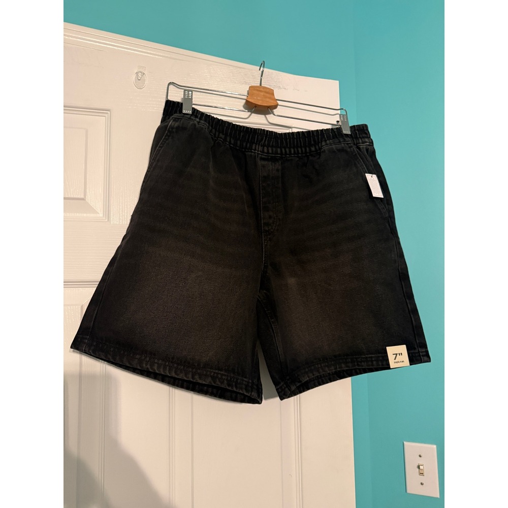No Boundaries Mens Black Denim Shorts Elastic Waist 7 Inch Inseam Size M 32-34